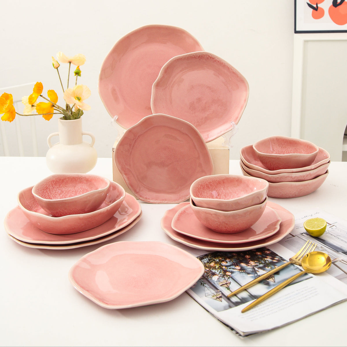 Rose Pink 16-Piece Organic Dinnerware Set