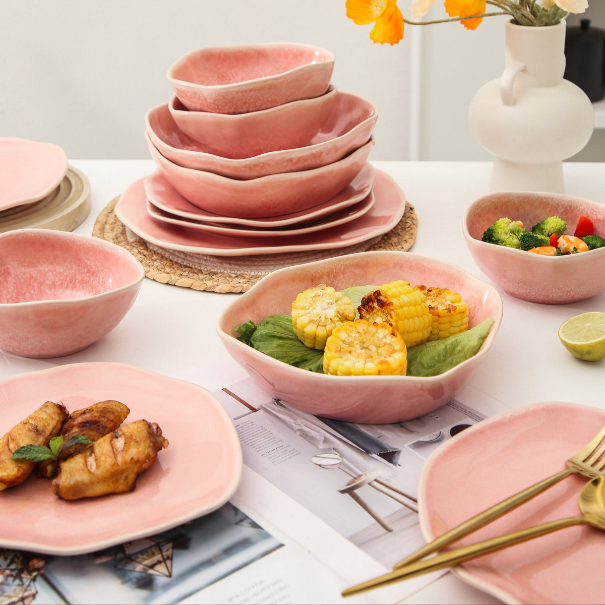 Rose Pink 16-Piece Organic Dinnerware Set