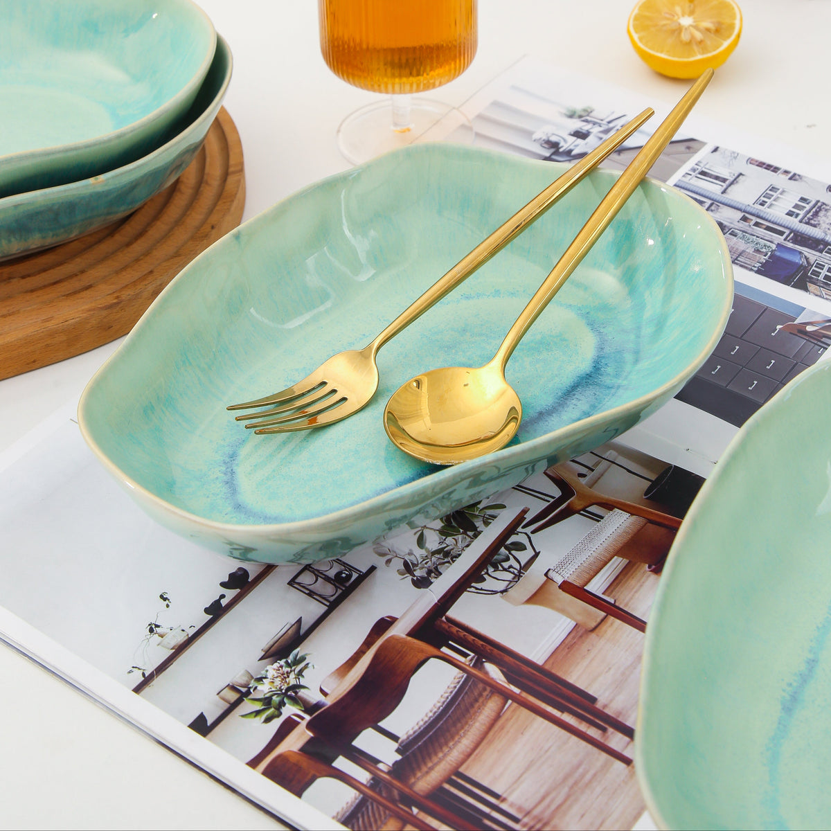 Aqua Blue Organic Oval Plate Set
