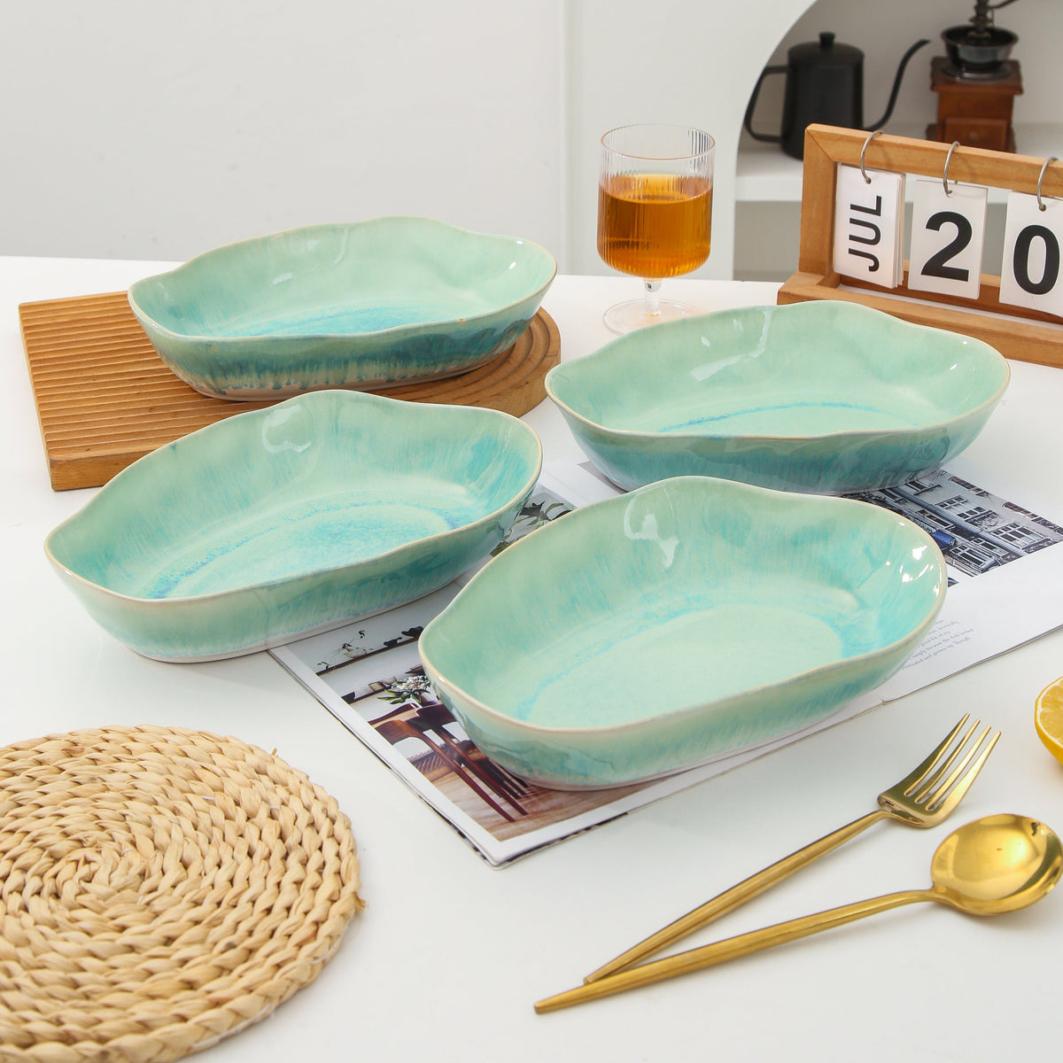 Aqua Blue Organic Oval Plate Set