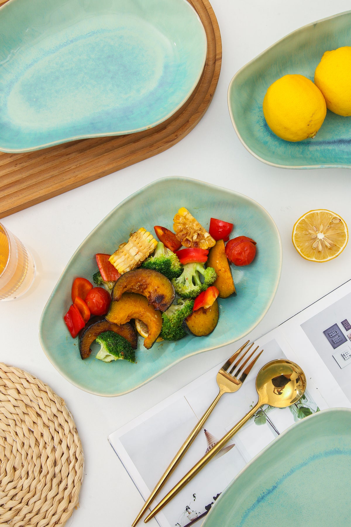 Aqua Blue Organic Oval Plate Set