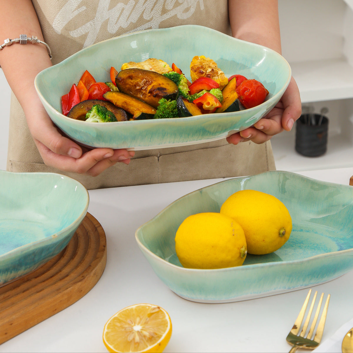 Aqua Blue Organic Oval Plate Set