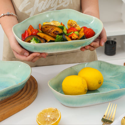 Aqua Blue Organic Oval Plate Set