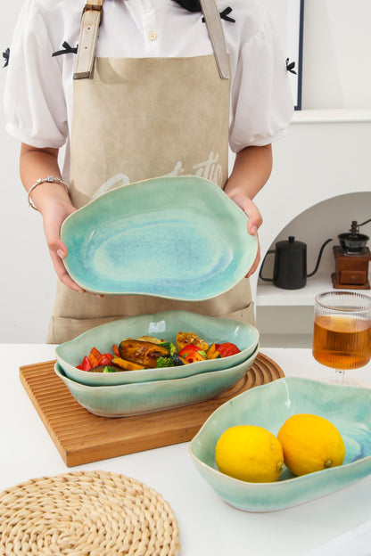 Aqua Blue Organic Oval Plate Set