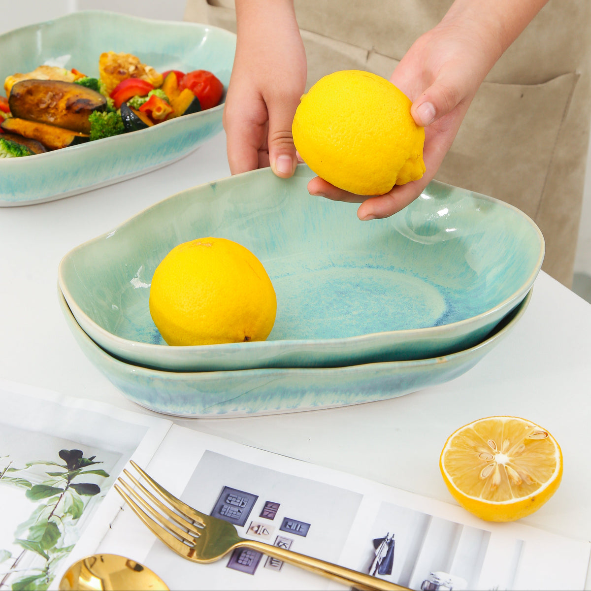 Aqua Blue Organic Oval Plate Set