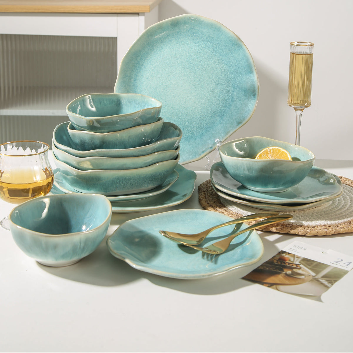Aqua Blue 16-Piece Organic Dinnerware Set